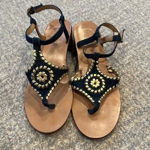 Jack Rogers Rattan style leather ankle strap sandals size 7.5 blue and gold